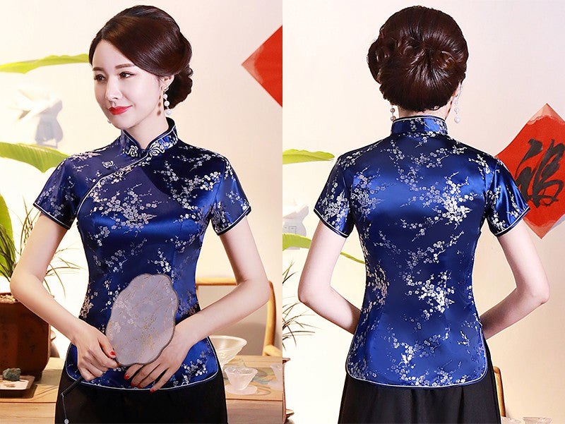 Chemisier Chinois Bleu Navy à Fleurs
