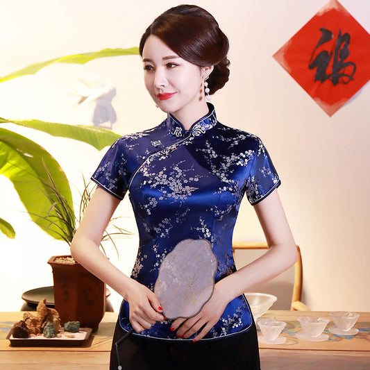 Chemisier Chinois Bleu Navy à Fleurs