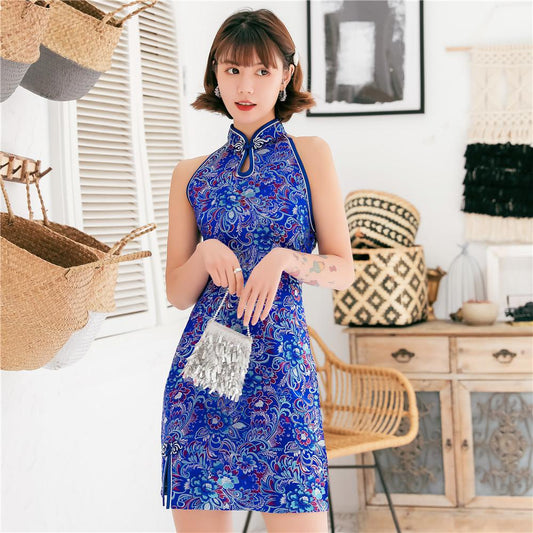 robe chinoise bleu sans manche